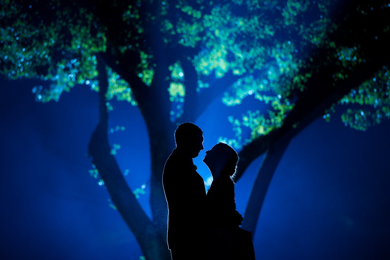 nj wedding photographer, lisa rhinehart, captures this close up silhouette of the bride and groom as they look at each other surrounded by the smoke from the firework display 