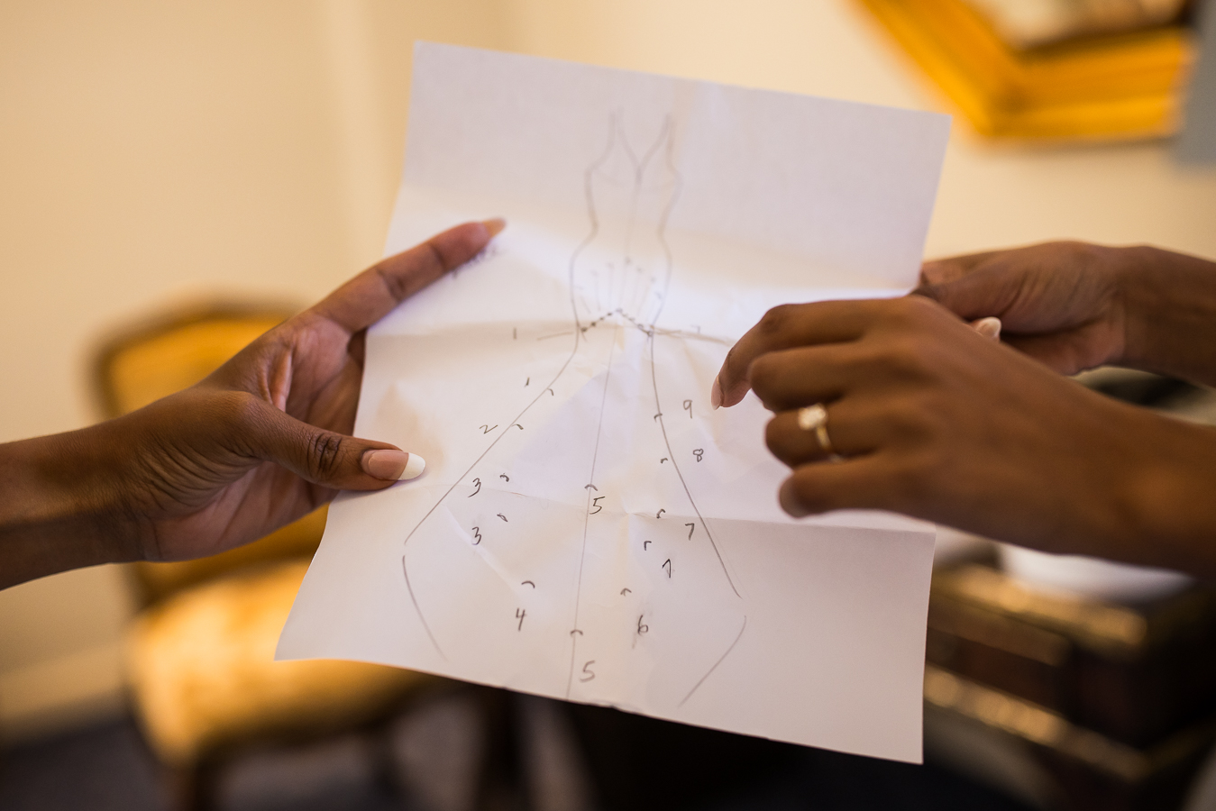 image of the brides bustling instructions drawn on a piece of paper for this downtown dc wedding ceremony 