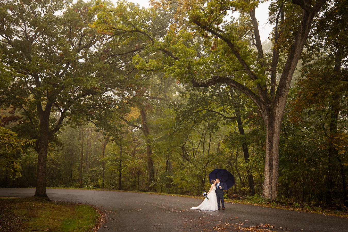 gettysburg wedding photographer, lisa rhinehart, captures this wide angle image of the bride and groom as they kiss under the umbrella on a walkway through the Gettysburg battlefields on this rainy day wedding 