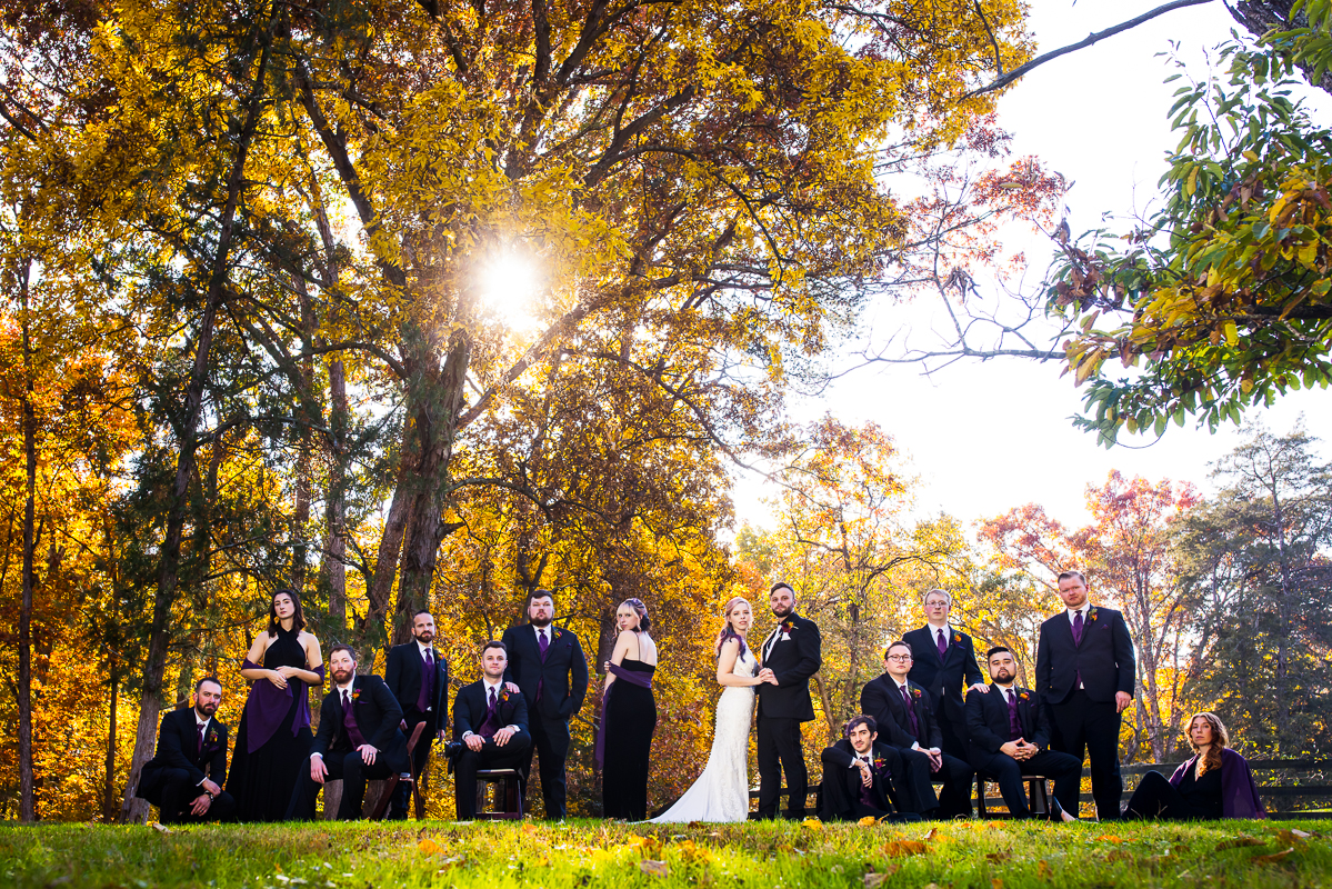 Murray Hill wedding photographer, lisa rhinehart, captures this vogue vanity fair shot of the bride and groom with their large wedding party as they are surrounded by the vibrant, colorful fall foliage of leesburg virginia 