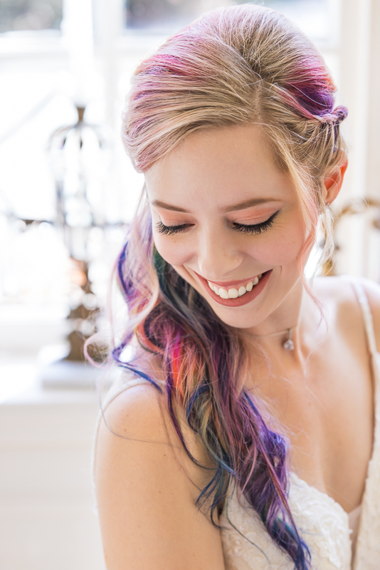 creative virginia wedding photographer, lisa rhinehart, captures this stunning bridal portrait of this bride and her rainbow colored hair before her outdoor fall wedding ceremony in Virginia 