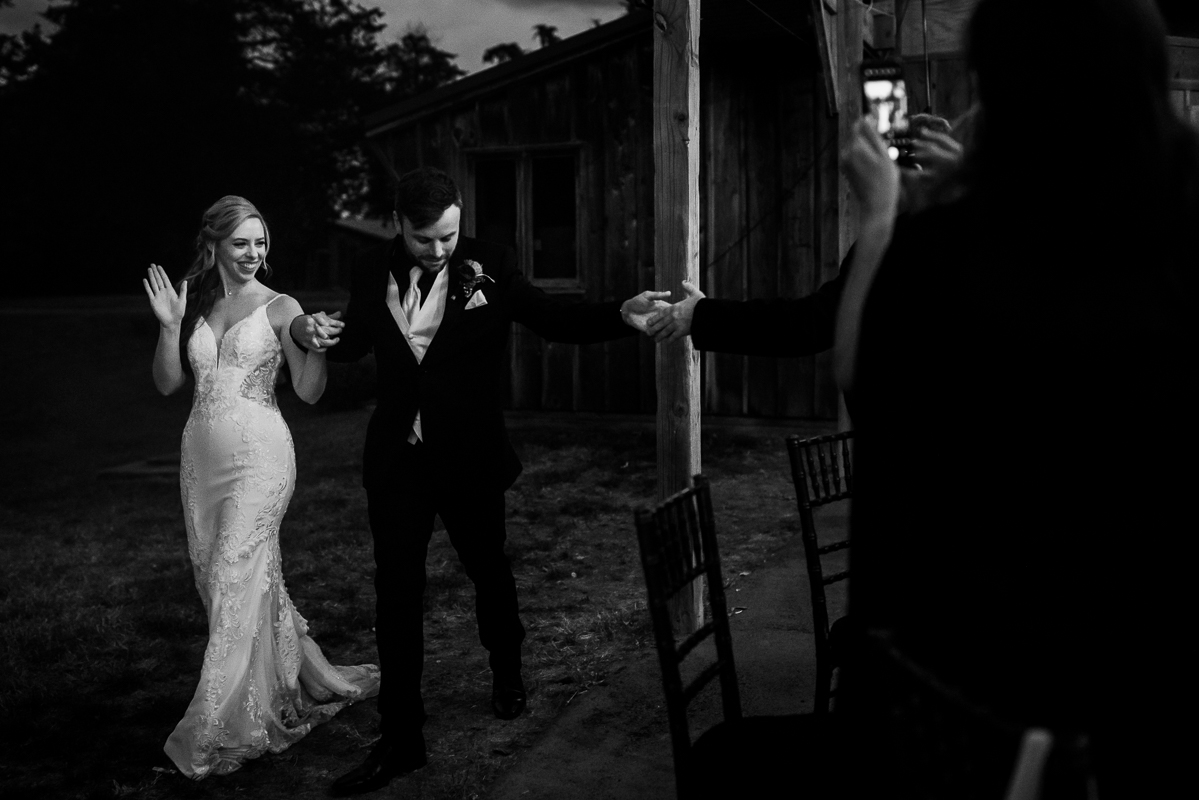 black and white image of the bride and groom as they enter this barn wedding reception in Leesburg va while guests cheer and record the couple 