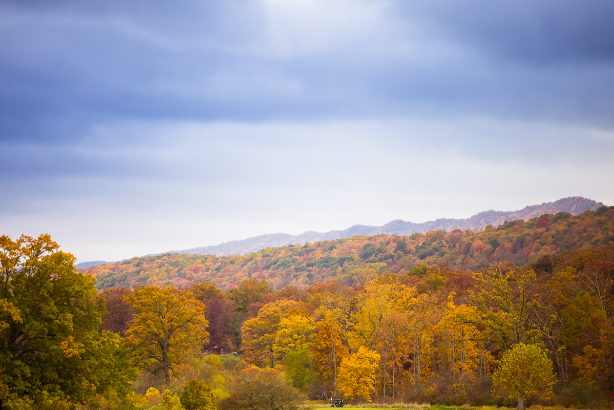 landscape image of the vibrant, colorful fall foliage located on the mountain at omni bedford springs in Bedford, pa