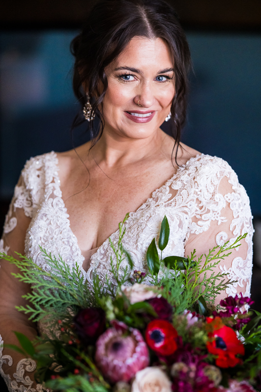 vibrant, colorful bridal portait captured by best pa wedding photographer, lisa rhinehart, before this Stroudsmoor Winter Wedding ceremony in pa 