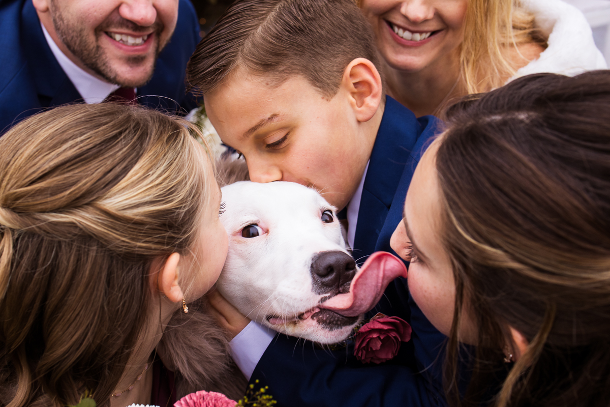 image of the bride, groom, their children and their dog as they kiss the dog during their outdoor Winter Reeds Stone Harbor Wedding in New Jersey, captured by rhinehart photography