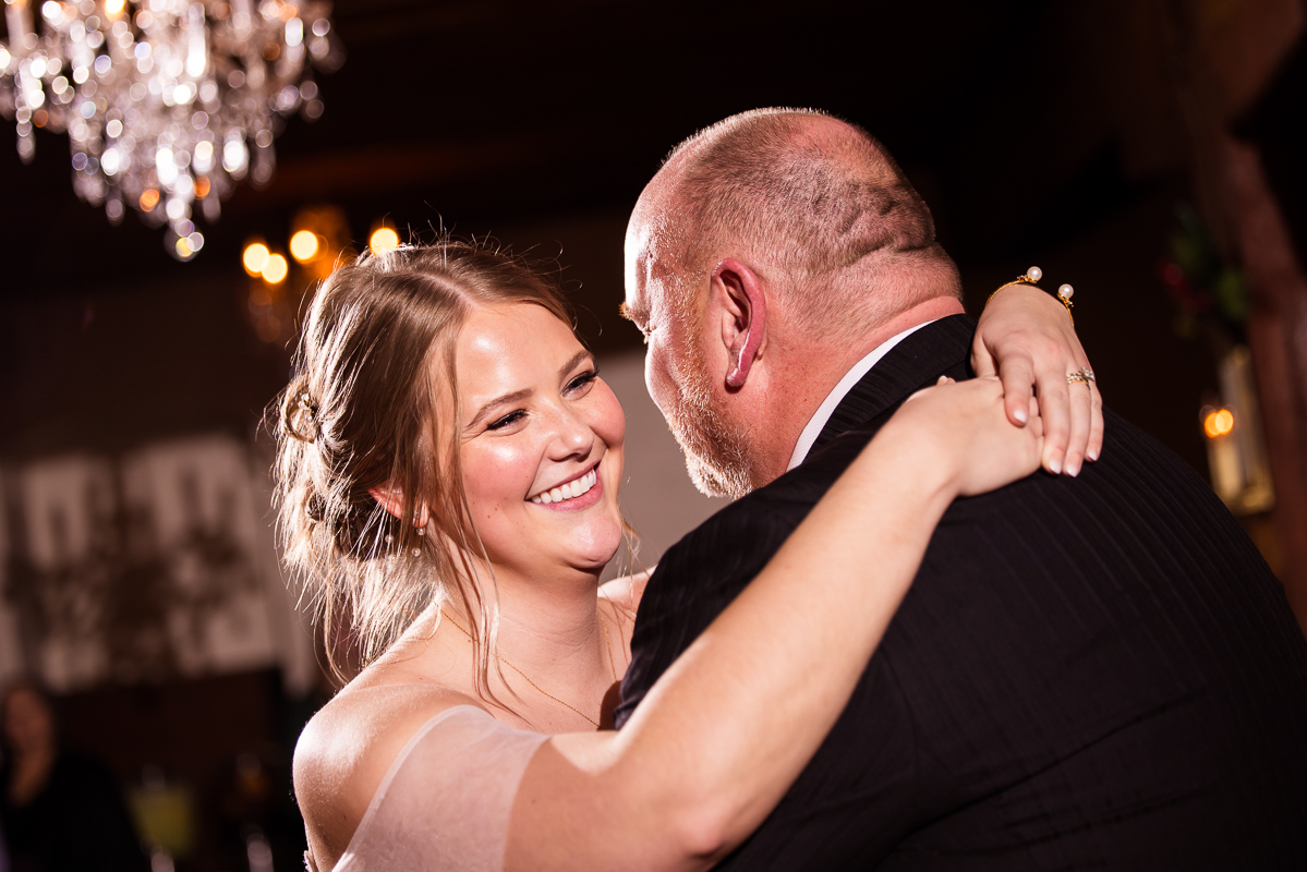 Stone Mill Inn Wedding photographer, Lisa Rhinehart, captures this emotional moment of the father daughter dance during this winter wedding reception in Hallam pa 