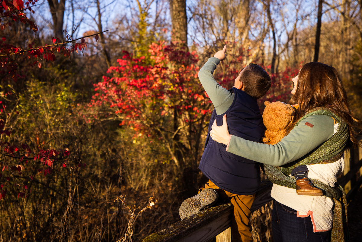 colorful, fall image captured by pa family photographer, Lisa Rhinehart, as she captures the mom and her two sons as they point at animals in the sky during this outdoor, fall family session at wildlands conservancy